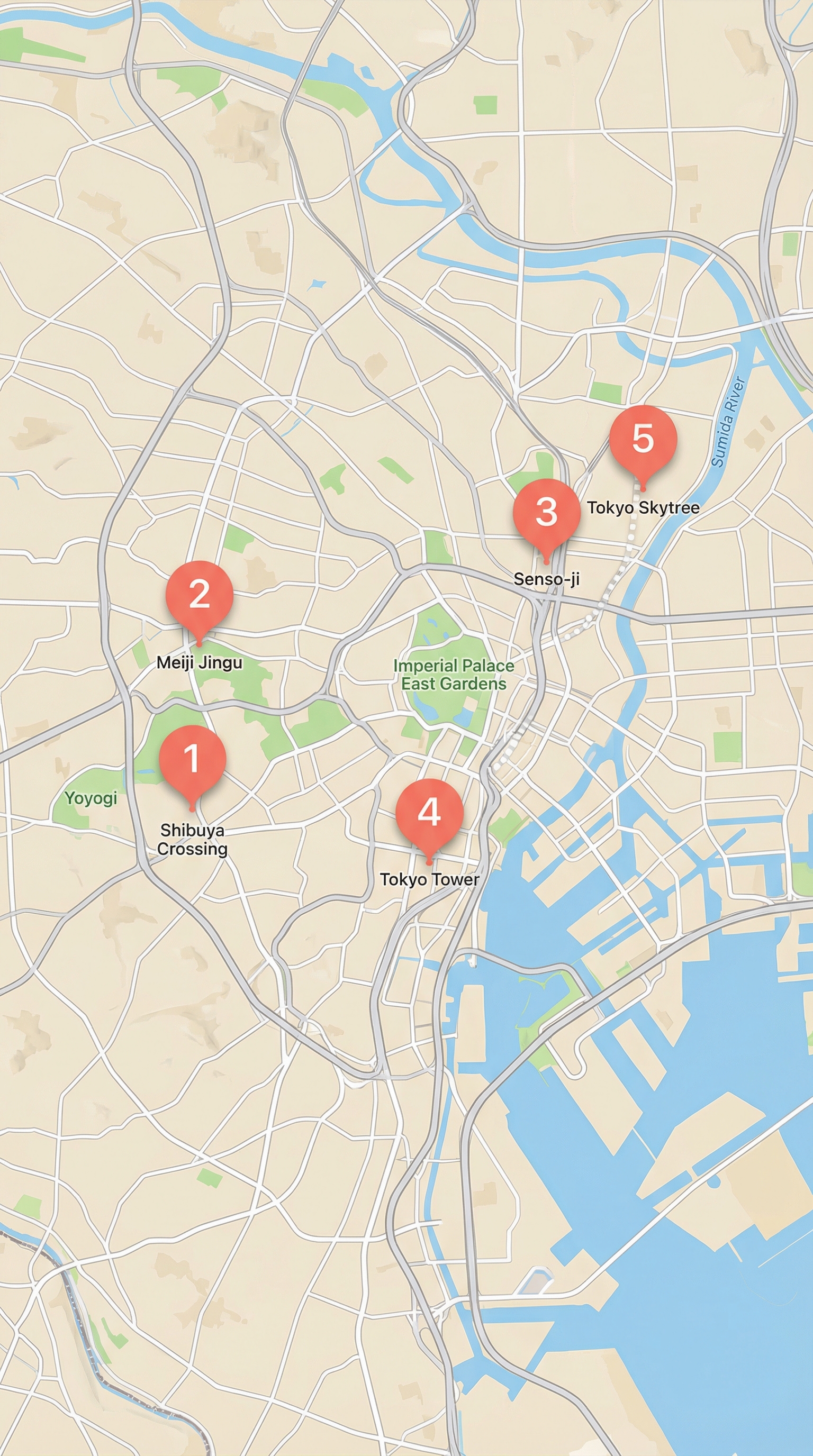 Tokyo trip itinerary on Apple Maps with 5 landmarks